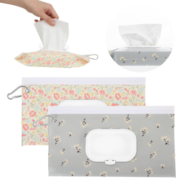 2 Pack Reusable Wipes Pouch Baby Wipe Holder Portable Wet Wipes Dispenser Refillable Travel Baby Wipes Case Waterproof and Dustproof, Baby Wipes Holder Keeps Wipes Fresh