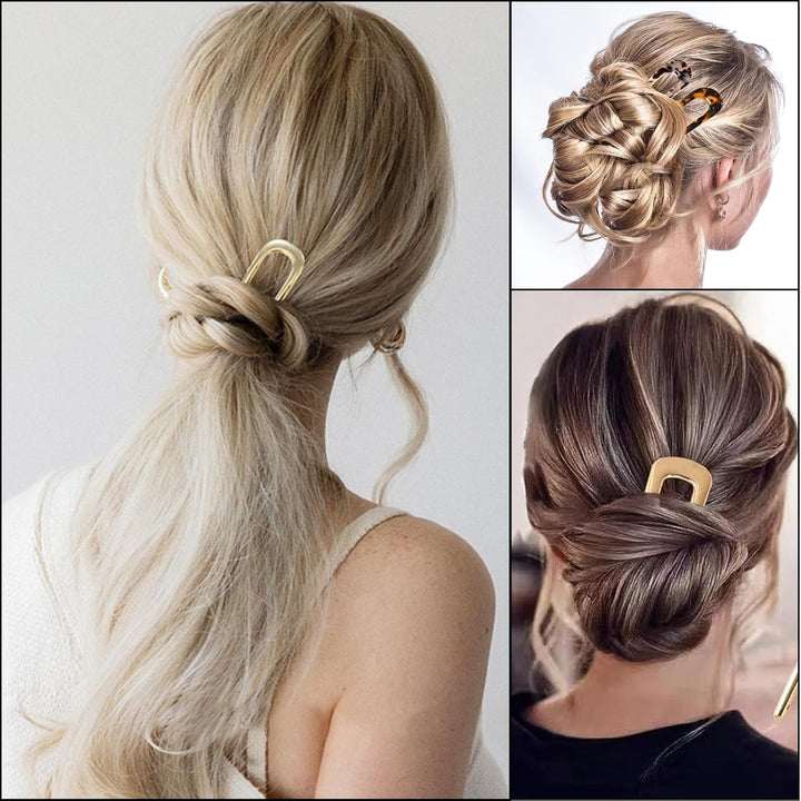 4 PCS French Hair Pins U-Shaped Hair Pins Delicate French Twist Pins for Variety Occasions Gold and Silver Hair Clips Dark and Light Tortoiseshell Clips for Women and Girls (Metal and Acetate)