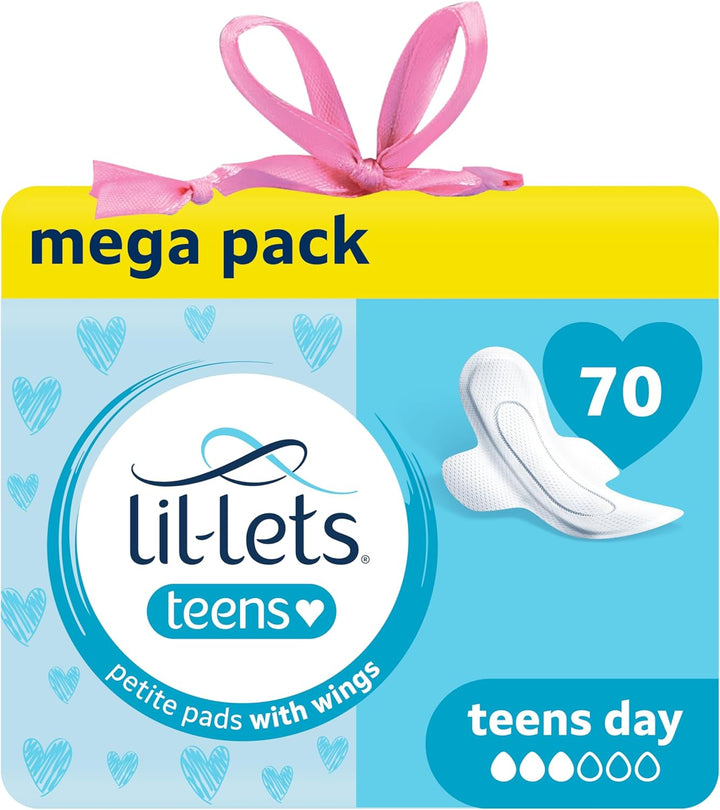 Teens Day Pads X 70, Petite Towels for Girls & Teenagers, with Wings, for Light to Medium Flow, Unscented, Soft & Breathable, First Period Sanitary Towels, 5 Packs of 14 Pads - Bulk Pack
