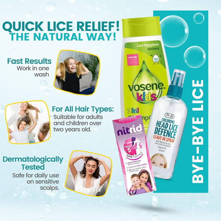 Head Lice Treatment Kit with 1 X Nitrid Headlice Treatment Spray 120Ml, 1 X Vosene 3-In-1 Lice Shampoo, 1 X Dr J'S Head Lice Defence Spray Bundle with 2 X  Nit Combs