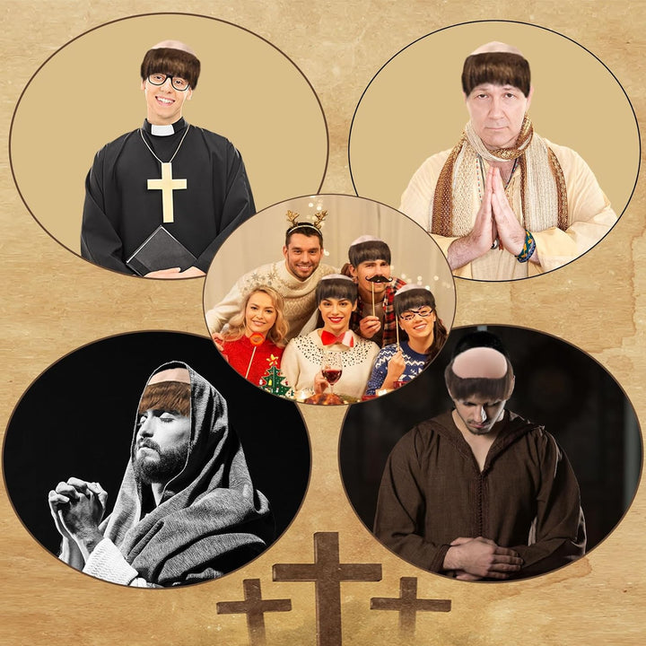 Brown Monk Wig Short Straight Hair, Monk Fancy Dress Bowl Cut Funny Costume Wig Bald Head Cap with Brown Friar Hair Cut, Men'S Party Halloween Old Man Cosplay