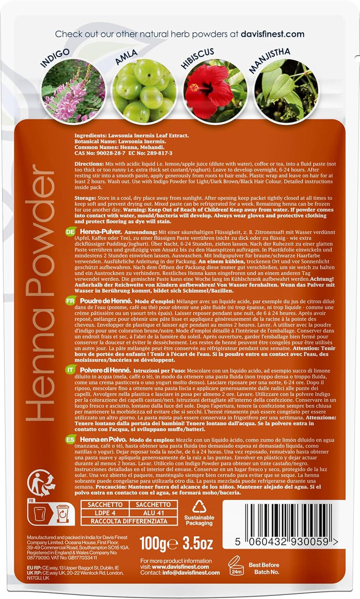 Organic Pure Natural Henna Powder 100G, Ppd-Free Hair Dye, Natural Hair Colour, No Chemicals, Vegan