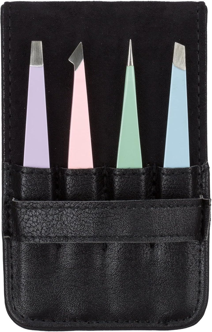 4-Piece Professional Tweezers Set with Case | Stainless Steel | Best Precision for Eyebrow, Splinter & Ingrown Hair Removal | Includes: Slant, Point, Straight, & Point/Slant