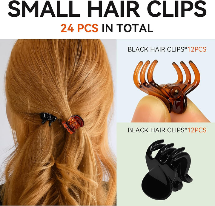 Small Hair Clips, Mini Claw Hair Clips for Women with Storage Case, Non-Slip Hair Accessories for Women and Girls Black and Brown(24Pcs)