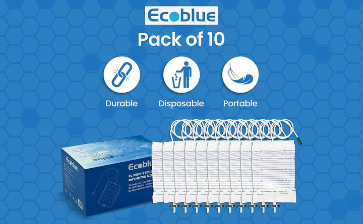 10 Pcs Pack - ECOBLUE Urine Drainage Bags 2000Ml Capacity – Non Sterile Night Bags with T-Tap Valve and 85Cm Tube - 10-Pack Drainable Urinary Bags - Non-Latex Catheter Night Bag