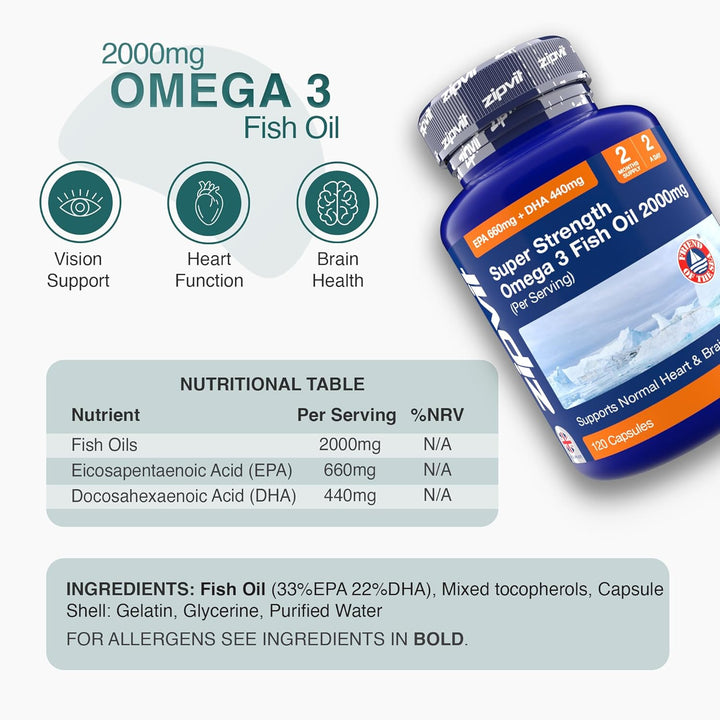 Omega 3 Fish Oil 2000Mg, EPA 660Mg DHA 440Mg per Daily Serving. 120 Capsules (2 Months Supply). Supports Heart, Brain Function and Eye Health. 2 Capsules per Serving