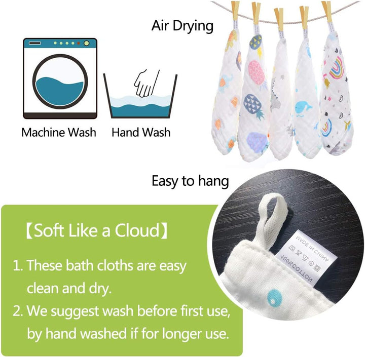 Baby Muslin Washcloths, Muslin Squares Organic 100% Cotton Natural Baby Face Towels, 5 Pack Reusable Extra Soft Newborn Baby Wipes, 6 Layers Bath Shower Wash Cloths with Printed Design, 10X 10 Inches