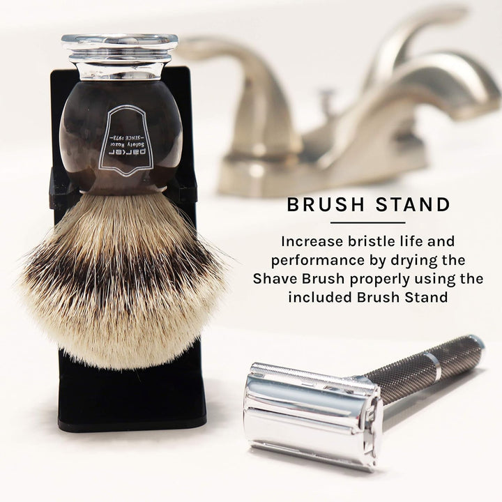 100% Silvertip Badger Bristle Faux Horn Handle Shaving Brush - Brush Stand Included