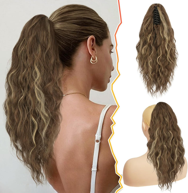 Ponytail Extension, Black Hair Claw Clip in Extensions Long Curly Wavy Hairpieces Drawstring for Natural Soft Synthetic Daily Use Party (18'', Black), 18 Inch