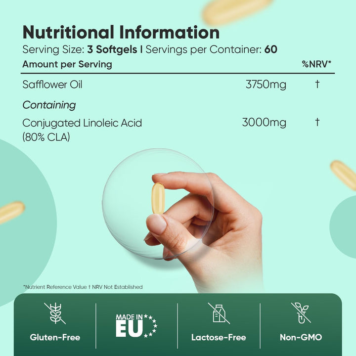 CLA Softgels | 3000Mg per Serving | 80% Active Isomers | 180 Vegan CLA Softgels | Gluten-Free | 2 Months Supply | Made in EU