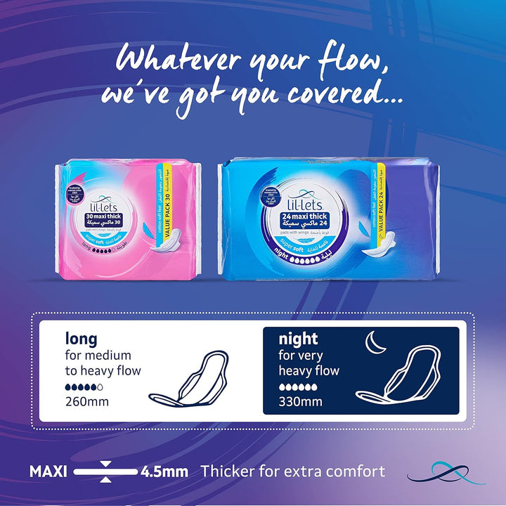 Maxi Thick Period Pads X 24, Night Absorbency, with Wings, 1 Pack of 24 Maxi Pads, for Very Heavy/Extra Heavy Overnight Flow, Unscented, Nightime Sanitary Towel (Packing May Vary)