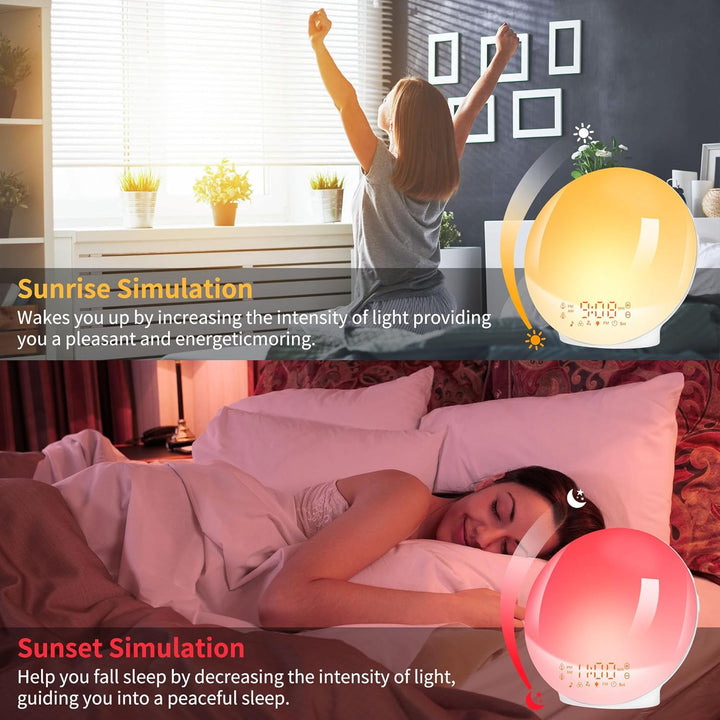 Sunrise Alarm Clocks, Wake up Light with Sunrise/Sunset Simulation Dual Alarms Bedside Night Lamp Snooze Function FM Radio 7 Natural Sound 11 Colorful Atmosphere Lamp(White)