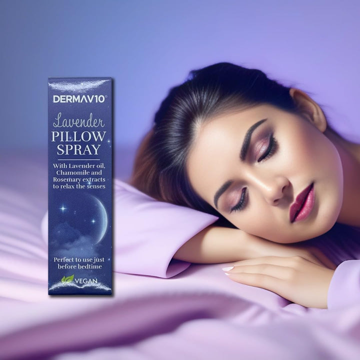 Derma V10 Pillow Spray, Lavender Oil, Chamomile and Rosemary Extract, Reduces Stress and Anxiety, Improves Sleep, Calms Body and Mind, Easy to Use, Vegan Friendly