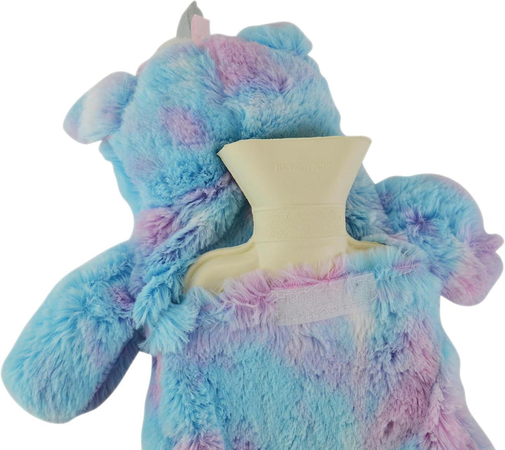 Hot Water Bottle with Rainbow Coloured Faux Fur Unicorn Design Cover