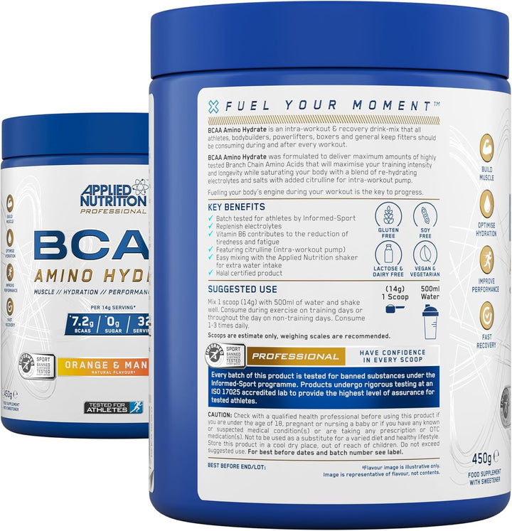 BCAA Powder - Branched Chain Amino Acids Bcaas Supplement, Amino Hydrate Intra Workout & Recovery Energy Drink (45G - 32 Servings) (Orange & Mango)
