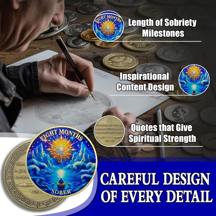 8 Months Sobriety Coin Eight Months Sober Coins August AA Chips and Medallion Sun Chip Alcoholics Anonymous Coin Recovery Anniversary Token Sobriety Gifts for Women Men