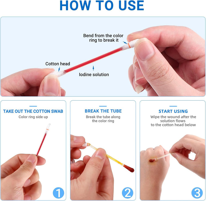 100 Pieces Disposable Iodine Cotton Swabs, Iodine for Wounds Cotton Swabs, Portable Individually Wrapped Medical Cotton Buds for Nasal Ears Bruise, Emergency Wound Care
