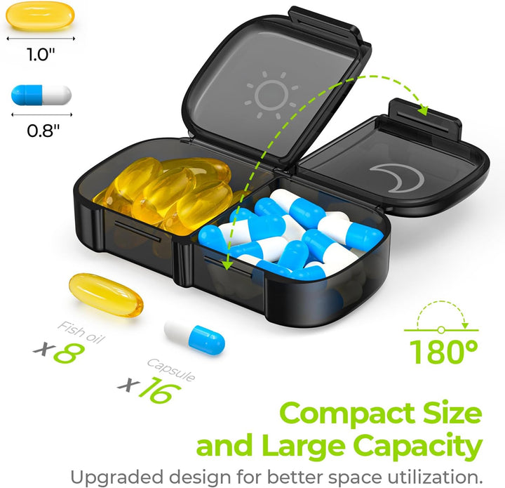 Pill Box Organiser, XL Weekly Pill Box 7 Day 2 Times a Day with One-Side Large Opening Design for Easy Filling, Tablet Organiser with Black Privacy Protection for Medication/Vitamins/Fish Oils
