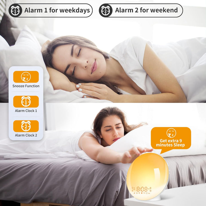 Sunrise Alarm Clocks, Wake up Light with Sunrise/Sunset Simulation Dual Alarms Bedside Night Lamp Snooze Function FM Radio 7 Natural Sound 11 Colorful Atmosphere Lamp(White)