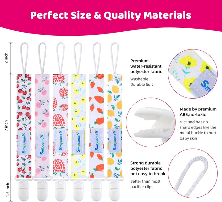Dummy Clips Girl,6 Pack BPA Free Soother Chain,Pacifier Holder Clips for Teether Toy,Baby Dummy Strap Clip Universal Design Fit All Pacifiers Baby Teething Toys,Newborn Baby Shower(Fruit)