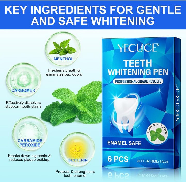 Teeth Whitening Pen - Teeth Whitening Gel Essence, 6 PCS Deluxe Kit, 5 Minute Effective Whitener Bleach Pen for Adults, No Sensitivity, Mint