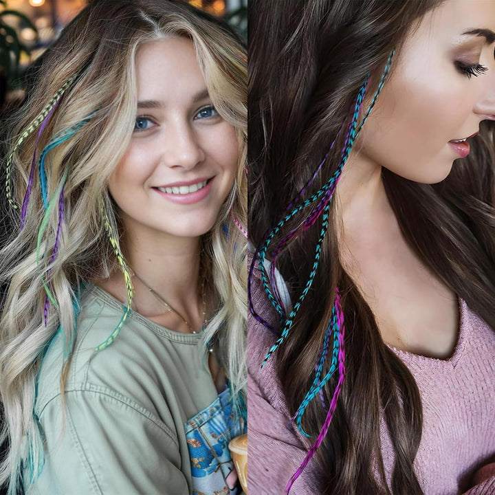 50 Pcs Feather Hair Extensions, Colorful Hairpieces Feathers with 100 Micro Beads, Pliers and Hook, Synthetic Hair Extensions Kit for Women Girls Party Festival Cosplay