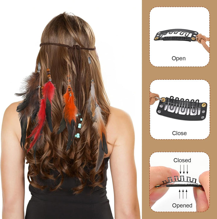 6Pcs Feather Hair Clip, Hair Feathers Extensions, Boho Hippie Festival Accessories, Handmade Hairpin Headdress for Women Girls Halloween Cosplay Costume