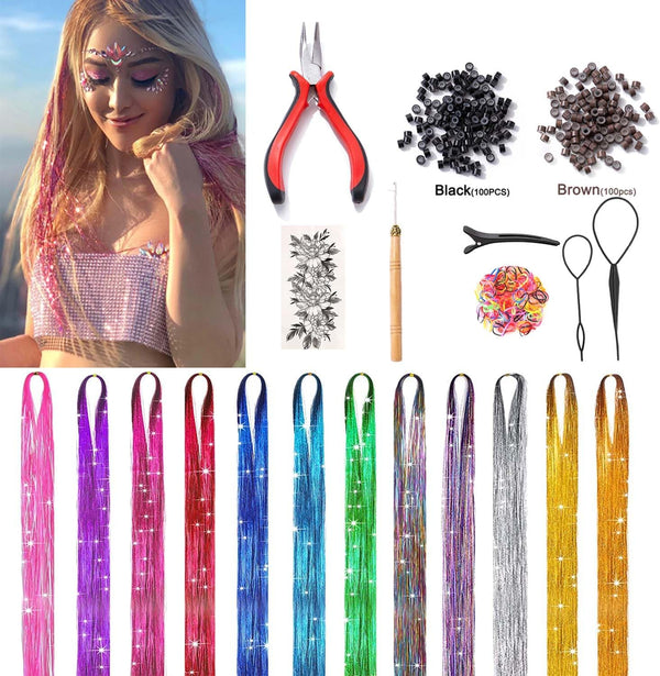 Hair Tinsel Kit (48 Inch,12 Colors, 3000 Strands), Fairy Tinsel Hair Extensions with Tools - Glitter Hair Tinsel Kit Heat Resistant Accessories for Girls Women Kids Christmas New Year