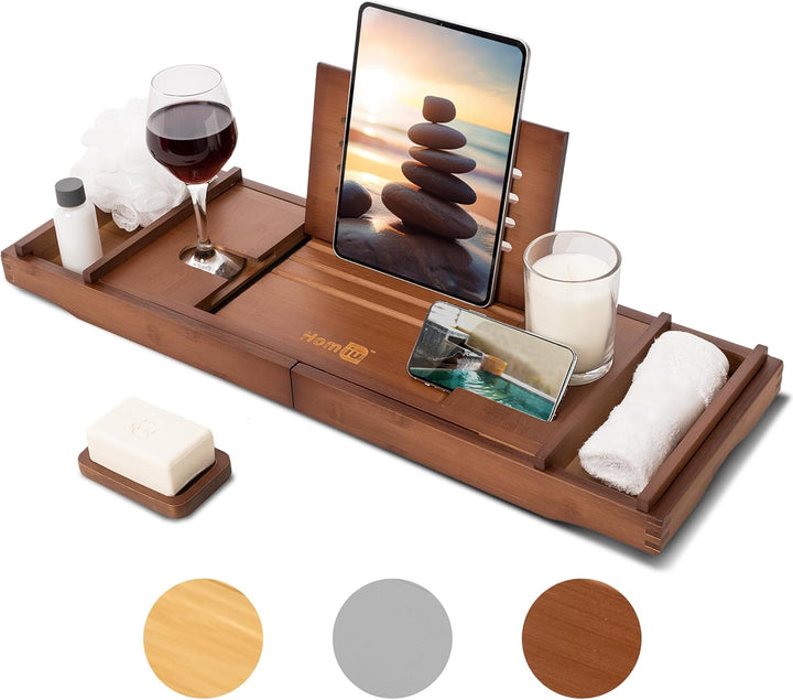 Bamboo Bath Tray - Extendable Bath Caddy - Natural Wooden Bathtub Tray with Candle, Wine Glass, Book Rest, Ipad & Phone Holder Stand - Luxury Bathtub Accessories - Bath Accessories (Grey)