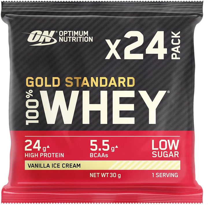 Gold Standard 100% Whey Muscle Building and Recovery Protein Powder with Naturally Occurring Glutamine and BCAA Amino Acids, Double Rich Chocolate Flavour, Pack of 24, 24 X 31G