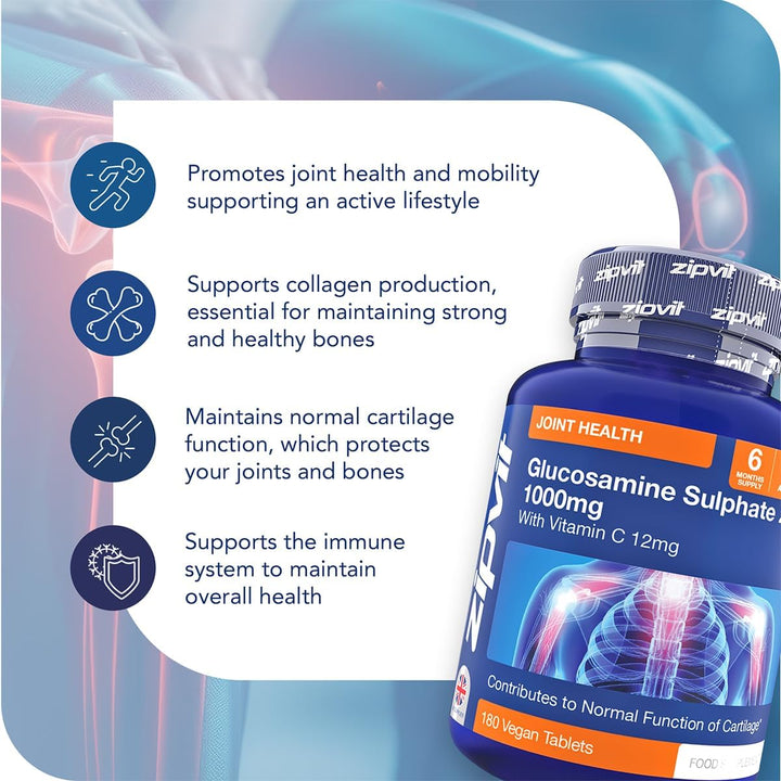 Glucosamine Sulphate 2Kcl 1000Mg with Vitamin C, 180 Vegan Tablets, Supports Bones, Cartilage & Collagen, Reduces Tiredness & Fatigue, Joint Health Supplement, 6 Month Supply