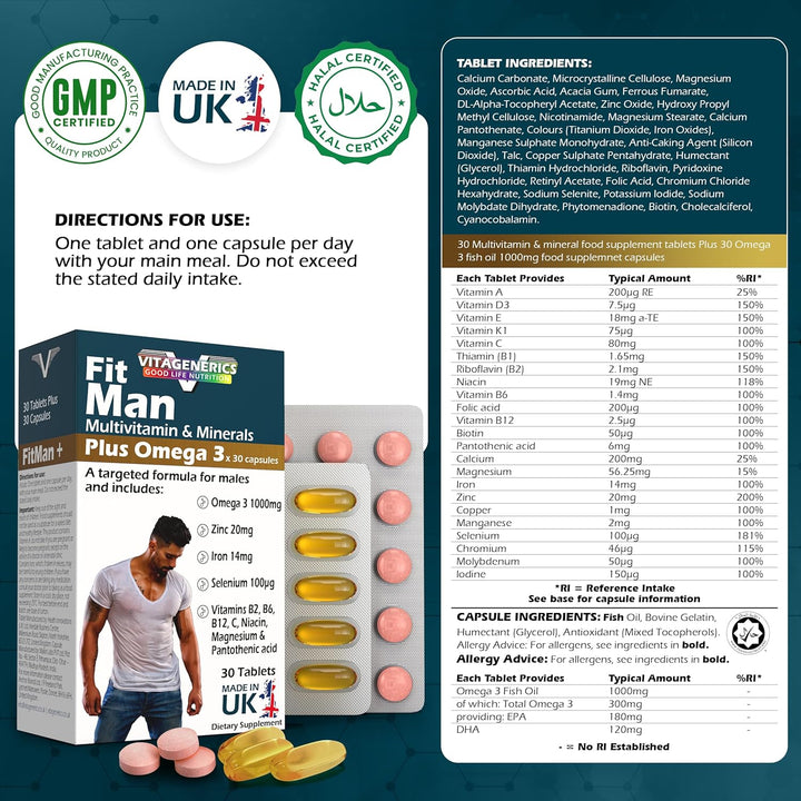 VITAGENERICS  Multivitamin & Minerals plus Omega 3, 30 Tablets plus 30 Capsules, with Zinc, Iron & B Vitamins, Made in UK