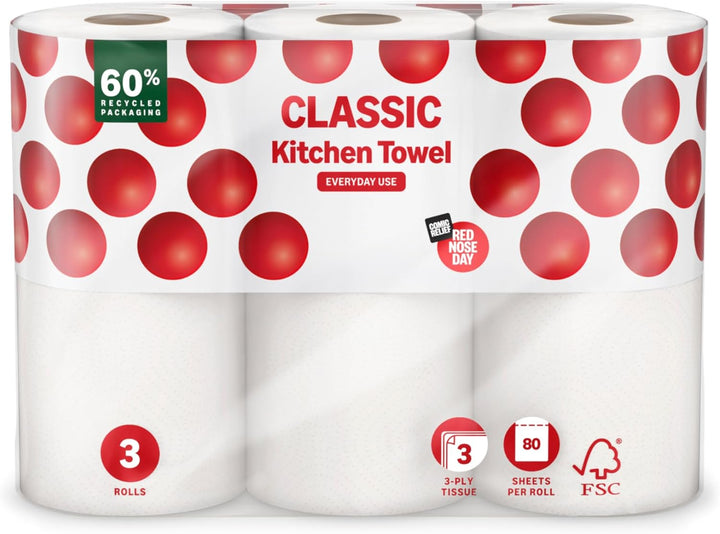 Classic Kitchen Roll, 3-Ply, Strong and Absorbent, 3 Rolls (1 Pack of 3), 80 Sheets per Roll, FSC Certified