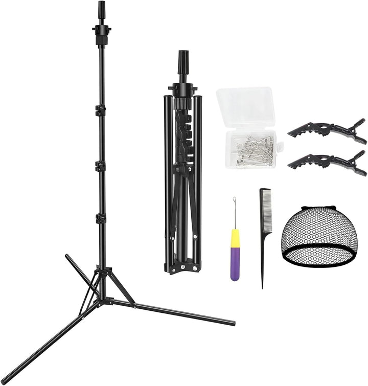 Mini Mannequin Head Tripod, Adjustable Wig Stand Tripod, Mannequin Head Stand Holder for Hairdressing Training (Black)