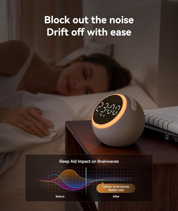 White Noise Machine - Sound Machine for Adults & Light Sleepers, Alarm Clock & Night Light, 25 Soothing Sounds, 7 Wake-Up Tones, Dimmable Display, White Pink Brown Noise for Sleep Relaxation