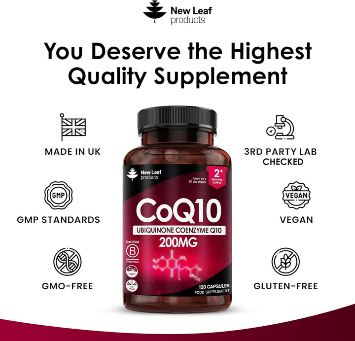 Coq10 Supplement 200Mg - Co Enzyme CQ10 120 Vegan Capsules 100% Pure and Naturally Fermented Ubiquinone Q10 High Strength Ubiquinone Coenzyme Q10 Coenzyme Coq10 Supplement UK Made Ubiquinol