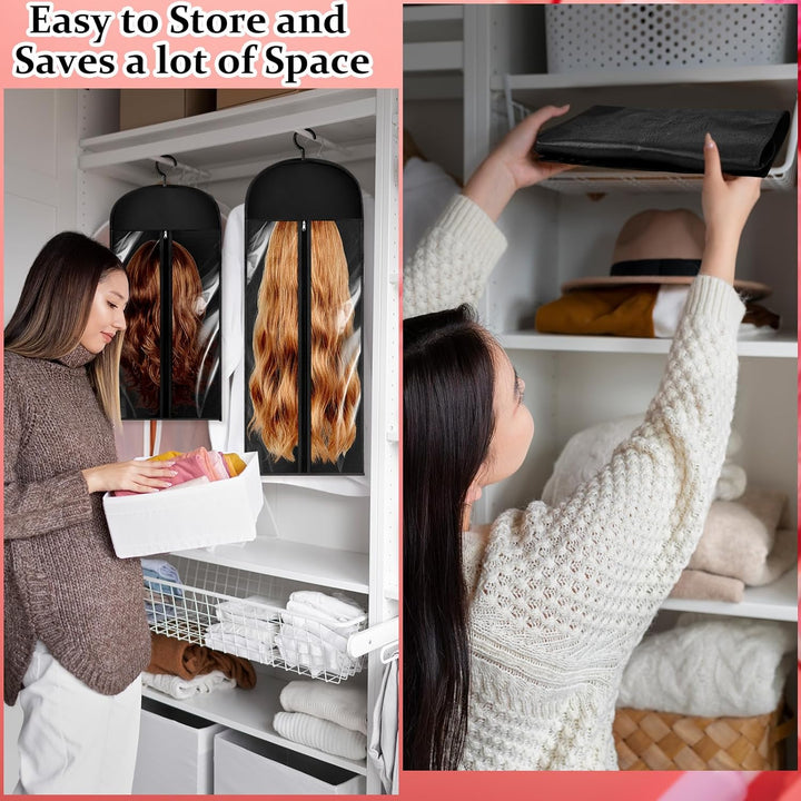 Hair Storage Bag - 6-Piece Wig Hanger Set with Hook - Dustproof Portable Holder for Multiple Hairpieces (Black, 2 Sizes)23.6 & 31.5 Inch