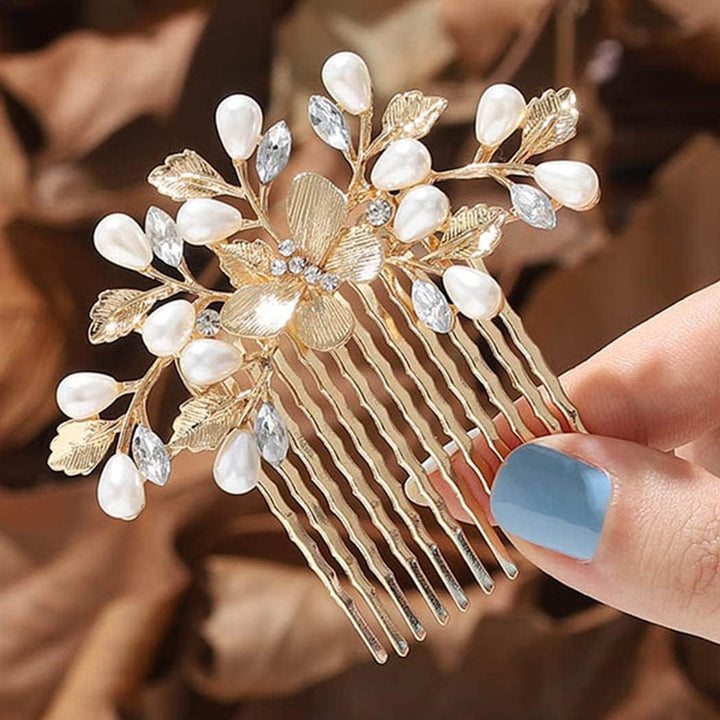 Bride Wedding Hair Combs Gold Headpieces Pearl Bridal Hair Accessories Leaf Hair Piece for Women and Girls… (Gold)