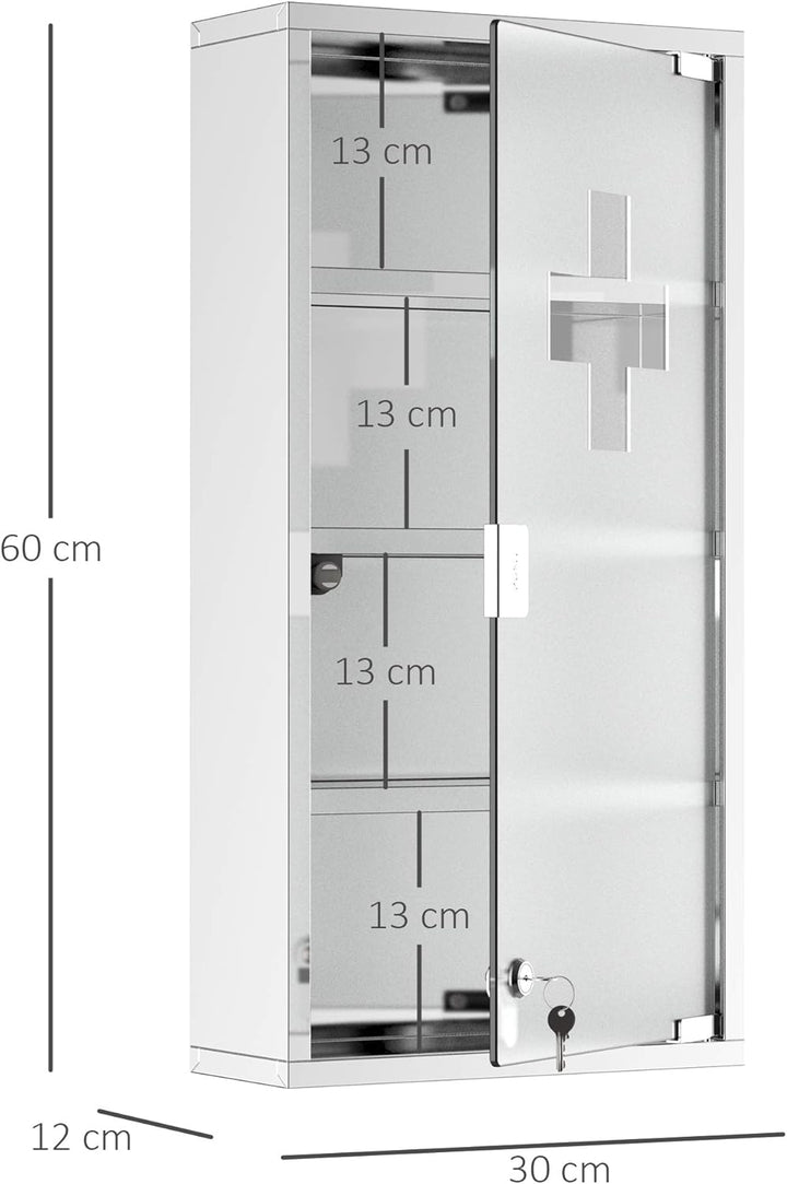 4 Tier Stainless Steel Wall Mounted Medicine Cabinet Glass Lockable Door Storage Shelves Houseware Bathroom Furniture 60Hx30Wx12D(Cm) W/2 Keys