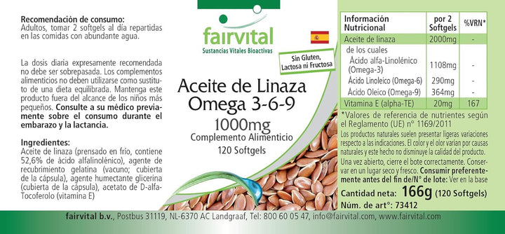 | Flaxseed Oil Softgels - 120 Count - Omega 3 6 9 with High Strength Alpha Linolenic Acid (ALA) - Cold Pressed Supplement - Made in Germany