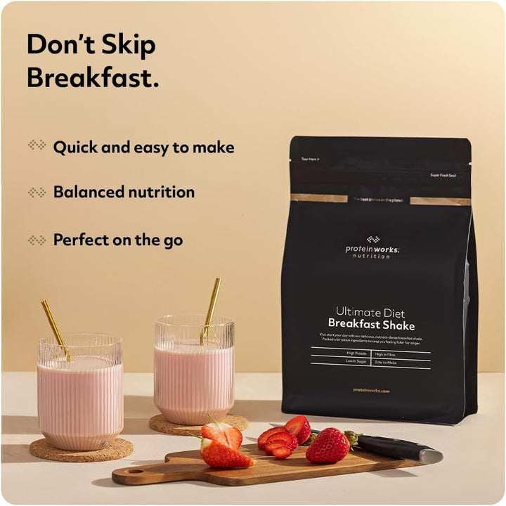 Protein Works - Ultimate Diet Breakfast Shake, On-The-Go Healthy Weight Loss Meal Replacement, Added Caffeine, Low Calorie, Low Sugar, Banana Cake, 9 Servings, 500G