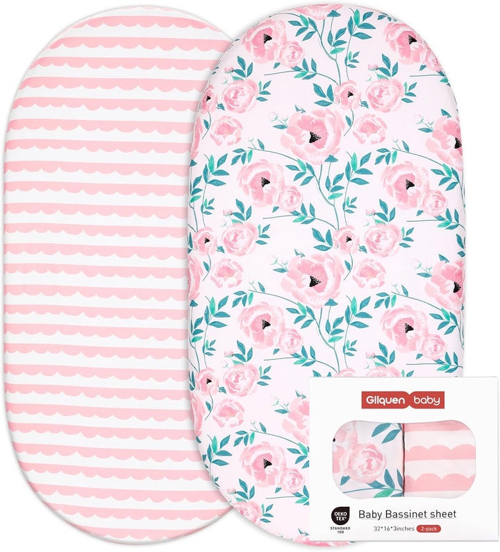 2 Pack Moses Basket Fitted Sheets, Newborn Pram Sheets Fitted, 100% Microfiber Oeko-Tex100 Cozy and Breathable Crib Baby Bassinet Sheets for Boy and Girl, Easy Care Soft Fitted Sheet