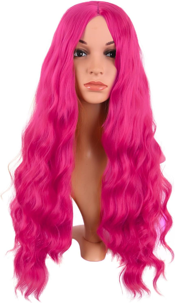 28 Inch/70 Cm Long Wavy Middle Part with No Bangs Synthetic Fiber Curly Fashion Women Party Cosplay Wig (Light Pink)