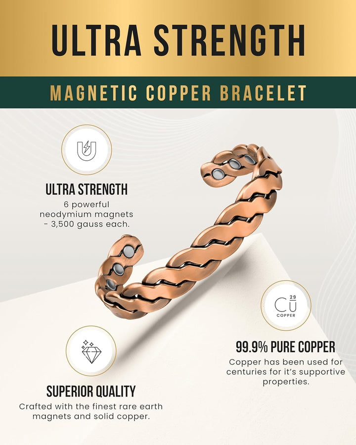 ® Pure Copper Magnetic Bracelet - Magnetic Copper Bracelets for Men - Adjustable Cuff + Gift Box (Twisted Copper)