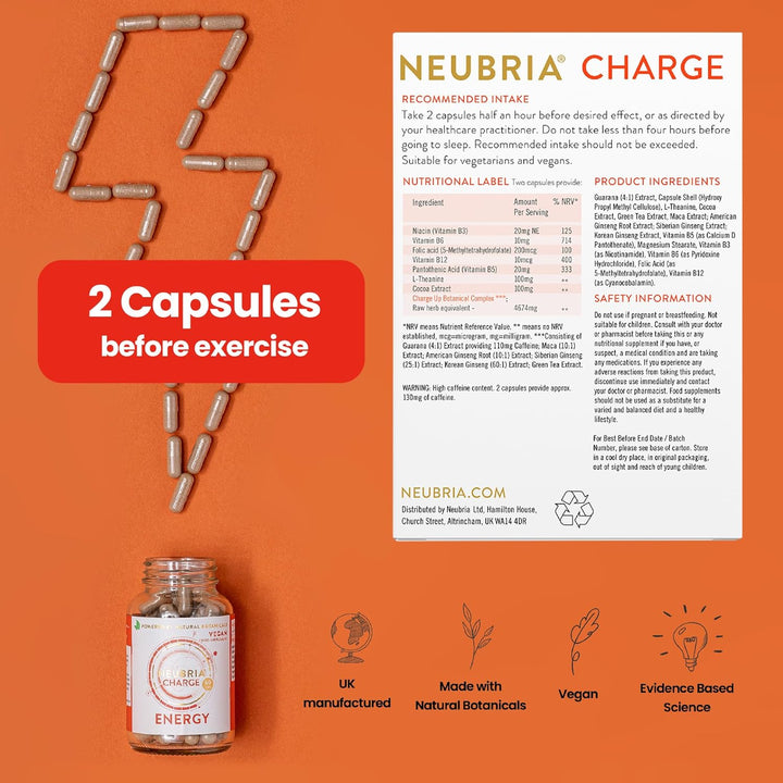 Charge Energy Supplement – Multivitamin for Adults with Guarana, Ginseng Blend, Green Tea, B Vitamins & L-Theanine – Gym & Workout Formula for Daily Vitality – 60 Vegan Capsules