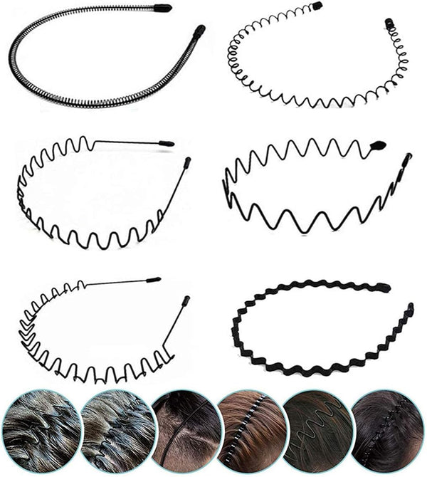 Elastic Wavy Spring Wave Hair Hoop, Multi-Style Black Non-Slip Metal,Unisex Sport Fashion Hair Band Accessories for Women and Men(6 Pieces)