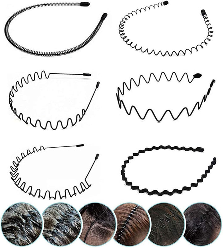 Elastic Wavy Spring Wave Hair Hoop, Multi-Style Black Non-Slip Metal,Unisex Sport Fashion Hair Band Accessories for Women and Men(6 Pieces)