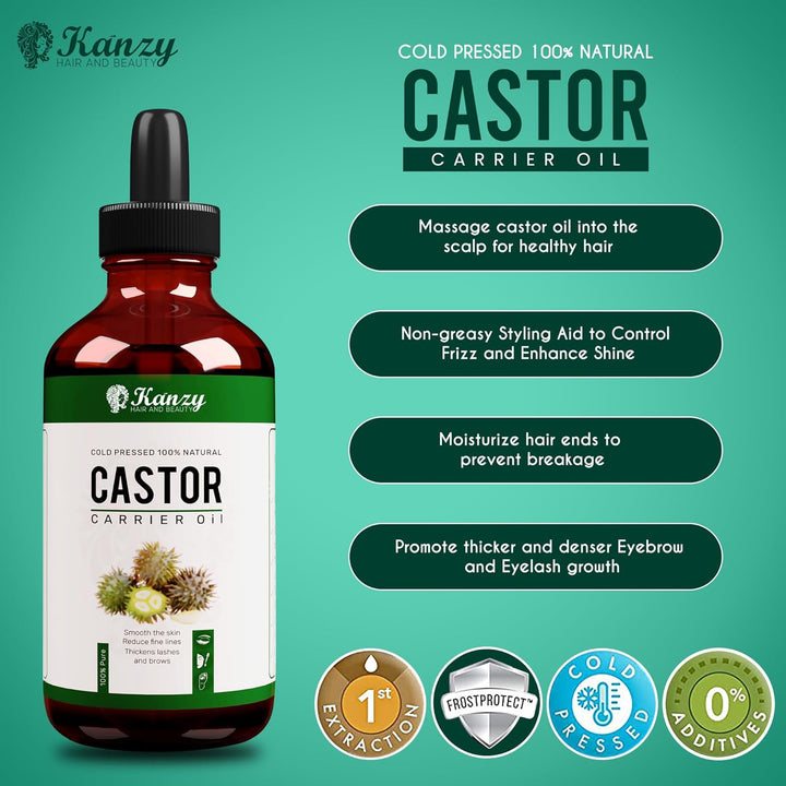 Organic Castor Oil for Eyelashes and Eyebrow Growth 100Ml Cold Pressed Castor Oil for Hair Growth, Nails & Skin, 100% Natural Castor Oil - Glass Bottle + Pipette + Eyelash & Eyebrow Brush