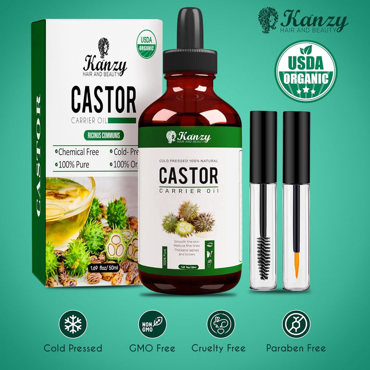 Organic Castor Oil for Eyelashes and Eyebrow Growth 100Ml Cold Pressed Castor Oil for Hair Growth, Nails & Skin, 100% Natural Castor Oil - Glass Bottle + Pipette + Eyelash & Eyebrow Brush