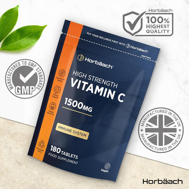 Vitamin C Tablets 1500Mg | 180 Count | High Strength Vitamin C as Ascorbic Acid | Suitable for Vegetarian and Vegan | by